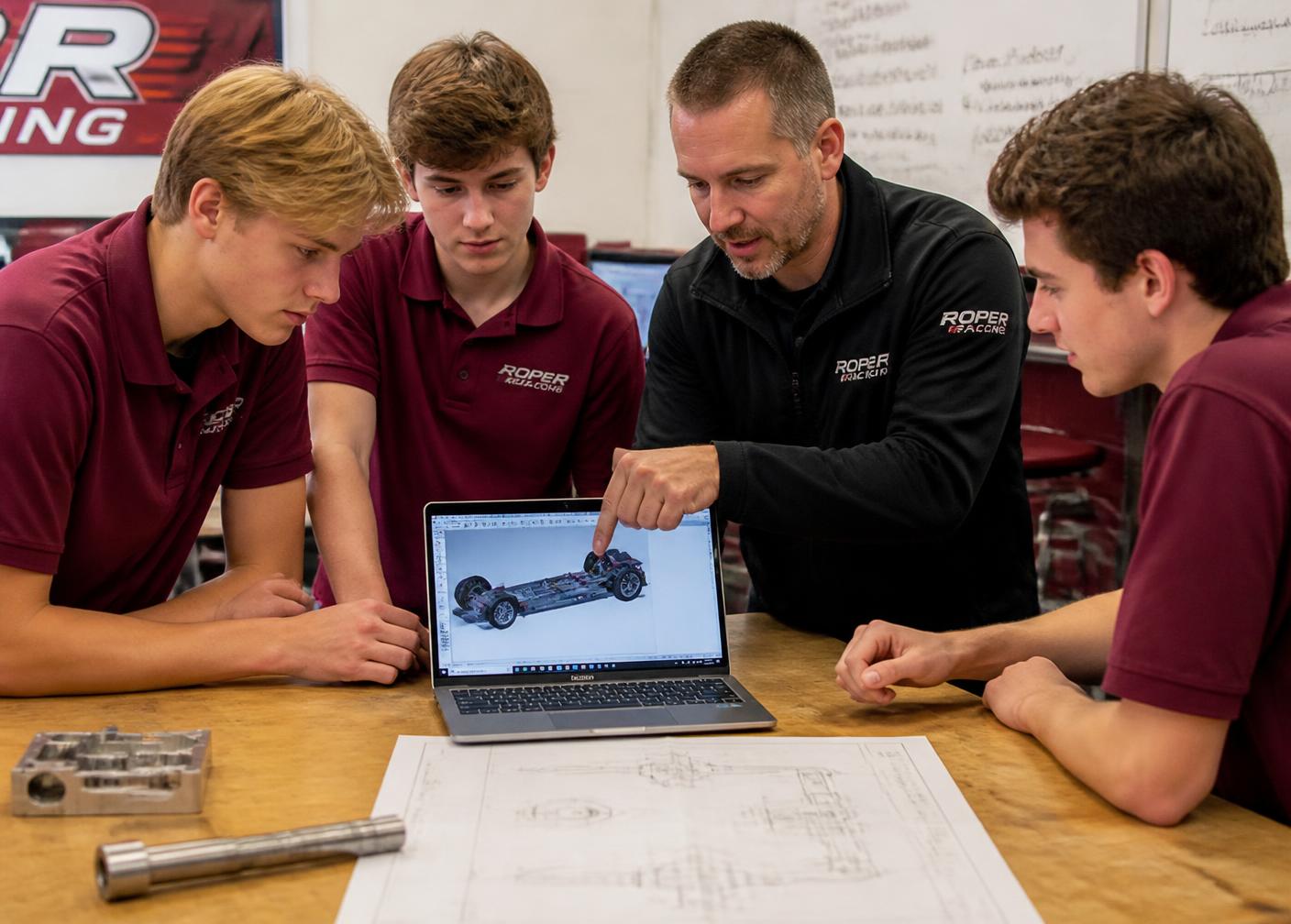 Mentor revisando el diseño CAD del auto con la escudería